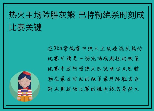 热火主场险胜灰熊 巴特勒绝杀时刻成比赛关键