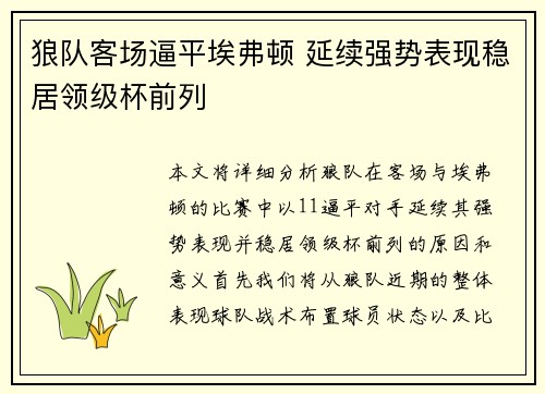 狼队客场逼平埃弗顿 延续强势表现稳居领级杯前列